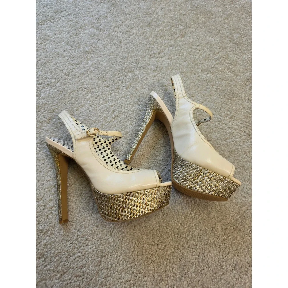 Jessica Simpson Eddy Cream Leather Platform Peep Toe Slingback Pumps JS-ED 7.5B